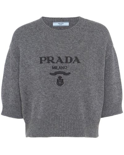 Prada Logo-intarsia Cropped Wool Sweater - Gray