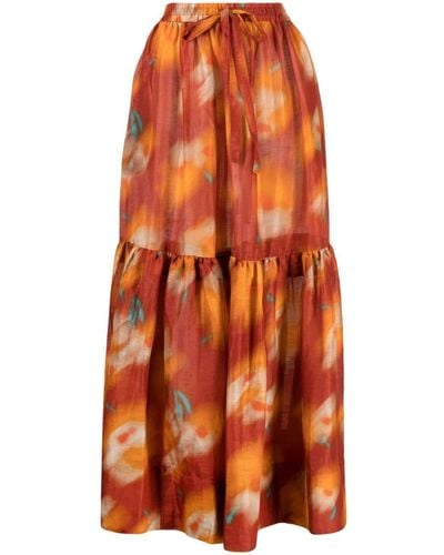 Lee Mathews Abstract-print Linen-silk Skirt - Orange