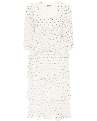 Ganni Monogram-print Pleated Midi Dress - White