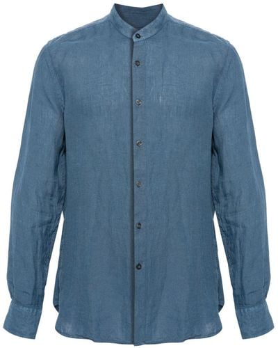 120% Lino バンドカラー リネンシャツ - ブルー