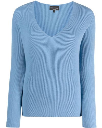 Emporio Armani Gerippter Pullover mit V-Ausschnitt - Blau