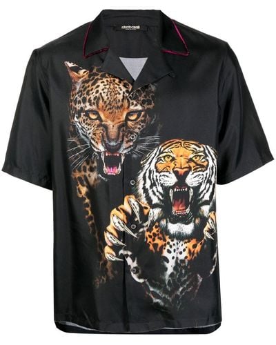 Roberto Cavalli Camisa con estampado de tigre - Negro