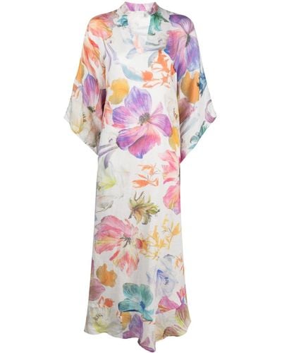 120% Lino Floral-print Kaftan Maxi Dress - White