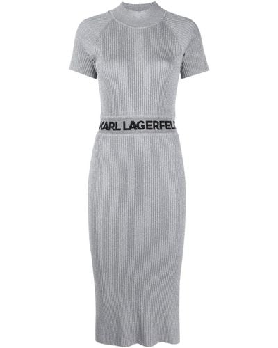 Karl Lagerfeld Lurex Logo-waist Ribbed Dress - Grey