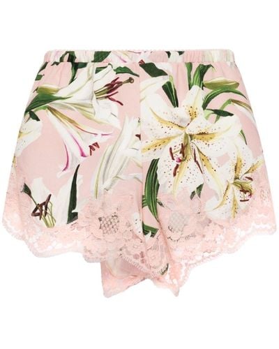 Dolce & Gabbana Floral-print Lace-trim Satin Shorts - Pink