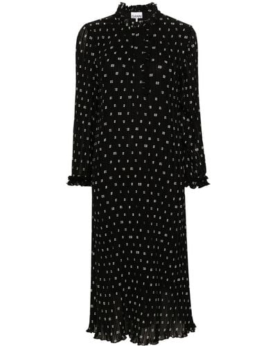 Ganni Monogram-print Pleated Midi Dress - Black