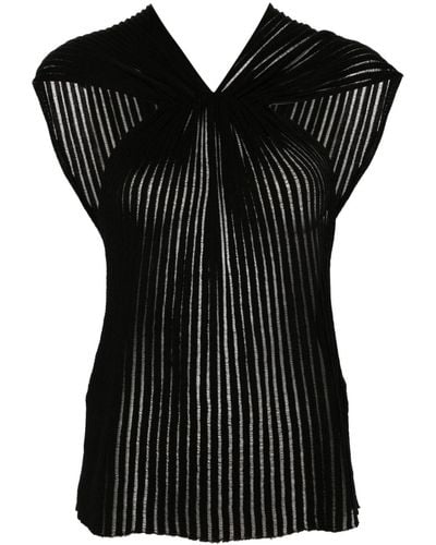 Saint Laurent Ruched Ribbed-knit Cotton Top - Black