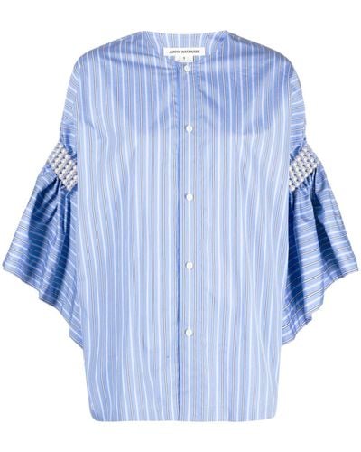 Junya Watanabe Ruffled-sleeve Pearl-embellished Shirt - Blue