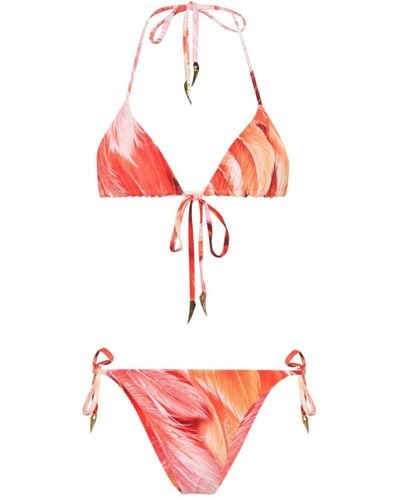Roberto Cavalli Bikini à imprimé plumes - Rouge