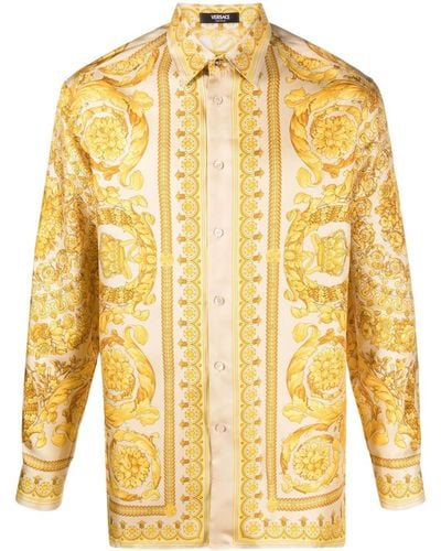 Versace Hemd aus Seide mit Barocco-Print - Gelb