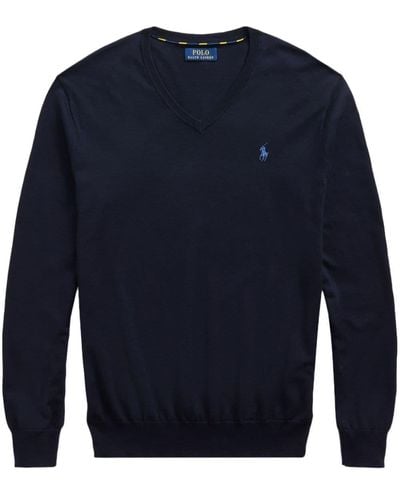 Polo Ralph Lauren Logo Embroidered V-neck Sweater - Blue