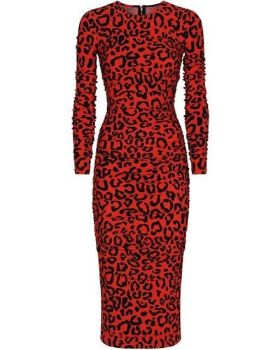Dolce & Gabbana Robe mi-longue à imprimé léopard - Rouge