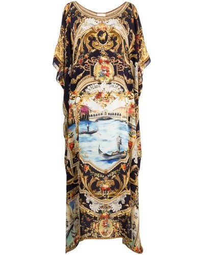 Camilla Venice Vignette-print Silk Kaftan Dress - Metallic