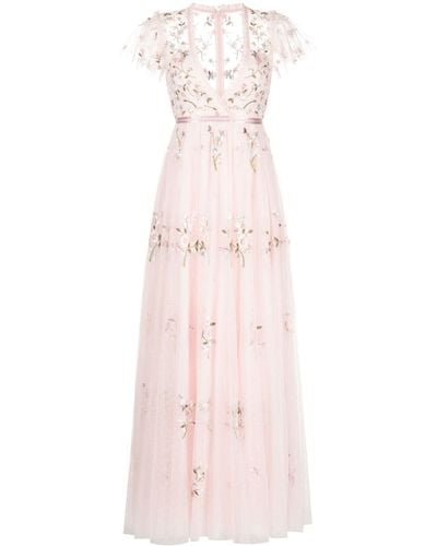 Needle & Thread Floral-embroidered Short-sleeve Gown - Pink