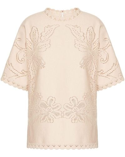 Valentino Garavani Floral-embroidered Short-sleeve T-shirt - Natural