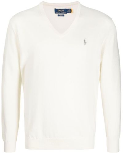 Polo Ralph Lauren Logo-embroidered V-neck Cotton Sweater - White