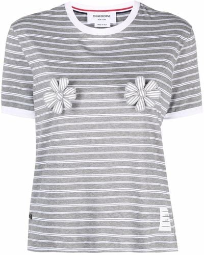 Thom Browne Three-dimensional Floral-detail Striped Ringer T-shirt - Grey