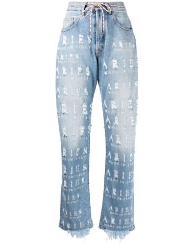 Aries Distressed Logo-lettering Jeans - Blue