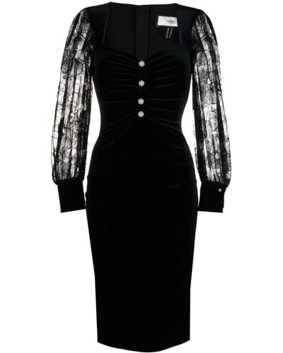 Nissa Sheer-sleeves Velvet Bodycon Dress - Black