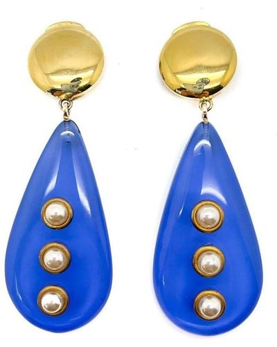 JENNIFER GIBSON JEWELLERY Vintage Vogue Bijoux Blue Teardrop & Pearl Earrings 1970s