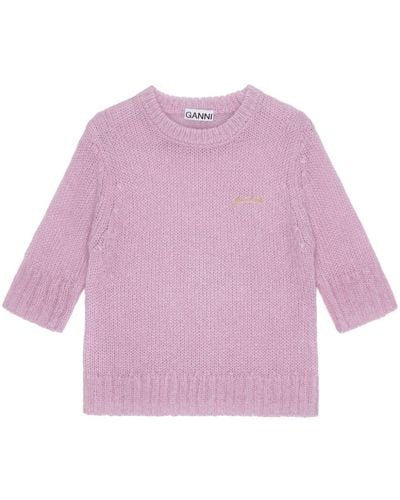 Ganni Logo-embroidered Knitted Top - Pink