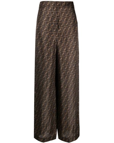 Fendi Pantalon palazzo en soie à motif FF - Marron