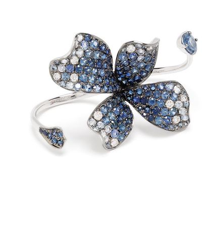 Stefere Anillo con motivo de flor en oro blanco de 18kt con diamantes y zafiros - Azul