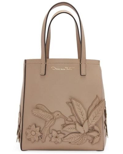 Oscar de la Renta Floral-appliqué Leather Tote Bag - Natural