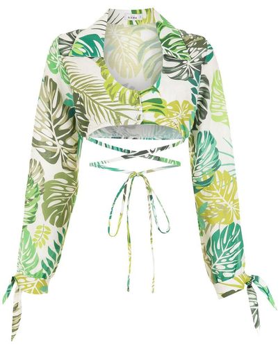 Amir Slama Palm Leaf Print Cropped Shirt - Green