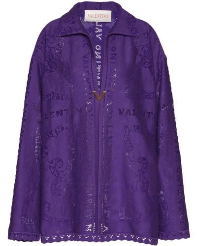 Valentino Garavani Embroidered-logo Long-sleeve Dress - Purple