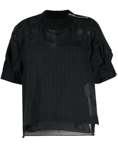 Sacai Short Puff-sleeves Striped Blouse - Black