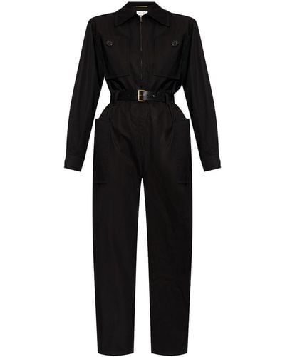 Saint Laurent Belted Cotton Jumpsuit - Black