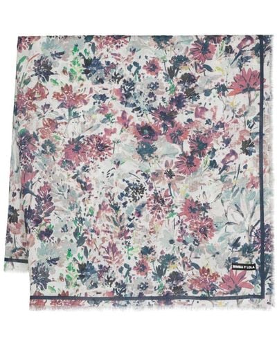 Bimba Y Lola Floral-print Frayed Scarf - Gray