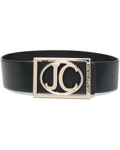 Just Cavalli Leather Belt With Logo Buckle - Black