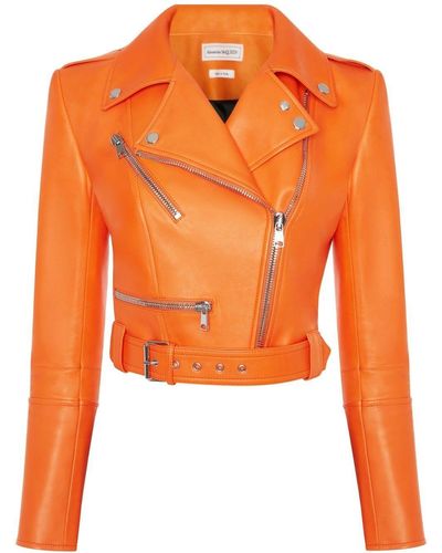 Alexander McQueen Cropped Leather Biker Jacket - Orange