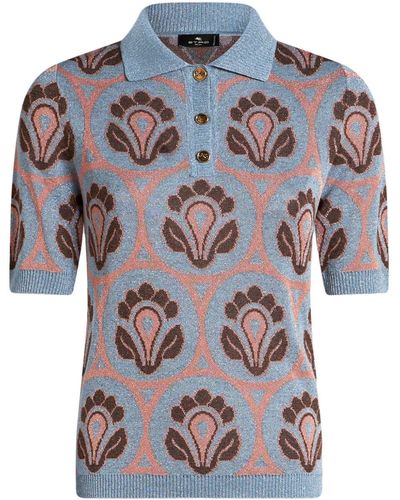 Etro Floral-jacquard Knitted Polo Top - Blue