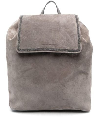 Brunello Cucinelli Debossed-logo Suede Backpack - Grey