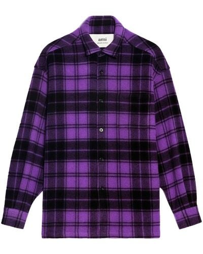 Ami Paris Logo-print Plaid-patterned Shirt - Purple