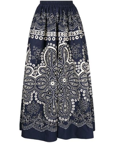 Biyan Floral-embroidered Full Skirt - Blue