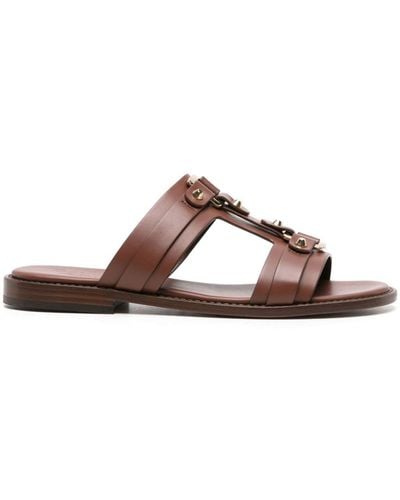 Doucal's Studed Leather Slides - Brown