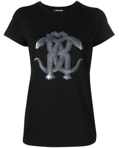 Roberto Cavalli T-shirt Met Slangenprint - Zwart