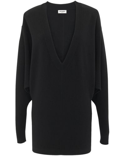Saint Laurent V-neck Wool Dress - Black