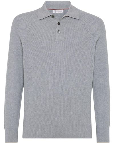 Brunello Cucinelli Long-sleeve Ribbed-cotton Polo Shirt - Grey