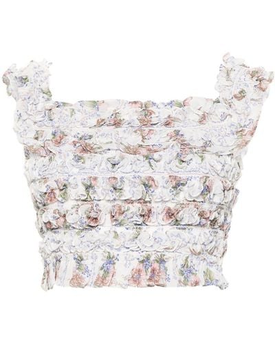 Needle & Thread Floral Ruffled Off-shoulder Crop Top - White