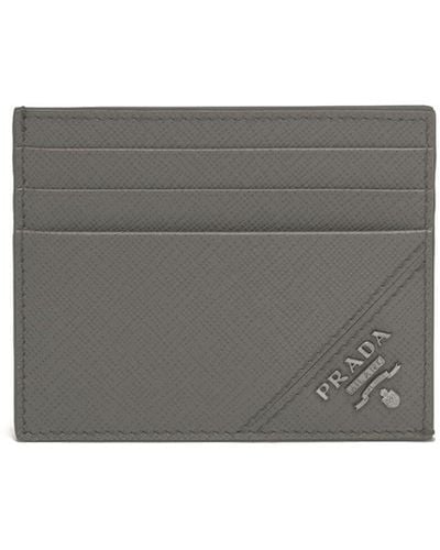 Prada Enamel-logo Saffiano Leather Cardholder - Grey