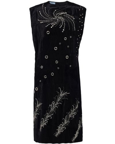 Prada Embroidered Georgette Sleeveless Dress - Black