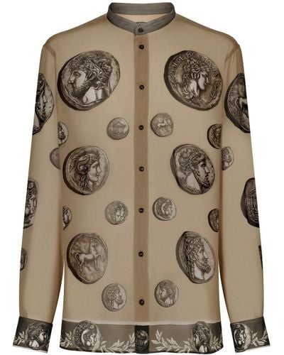 Dolce & Gabbana Monete-print Silk Shirt - Brown