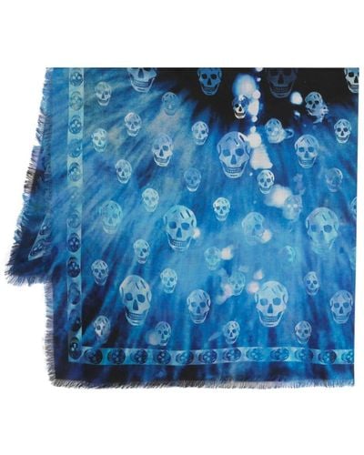 Alexander McQueen Écharpe en laine à imprimé tête de mort - Bleu