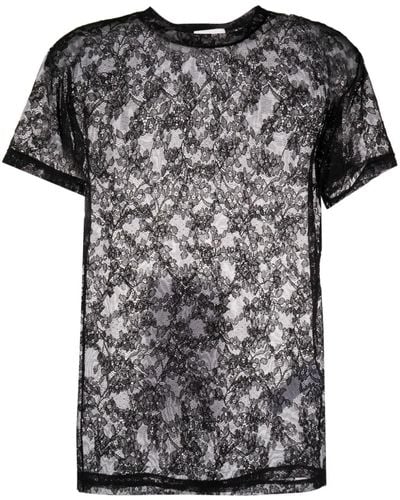 P.A.R.O.S.H. Camiseta con encaje floral y cuello redondo - Negro