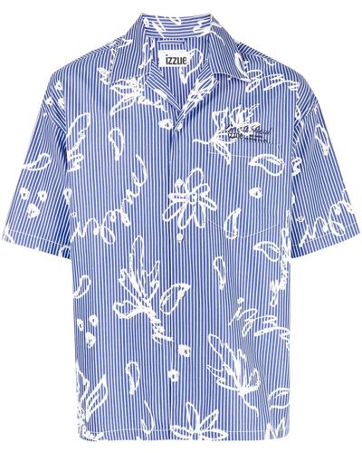 Izzue Floral-motif Striped Cotton Shirt - Blue